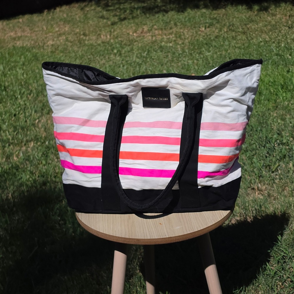 Victoria's Secret Canvas Tote Bag Pink Orange Striped Beach Gym Travel Carryall
